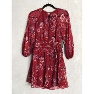 Vince Camuto Floral Dress Puff Sleeve Chiffon Burgundy Women's Size 0 NEW